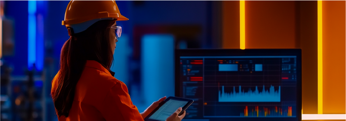 Engenheira em ambiente industrial monitora dados em um tablet e tela com gráficos, usando capacete e óculos de proteção.